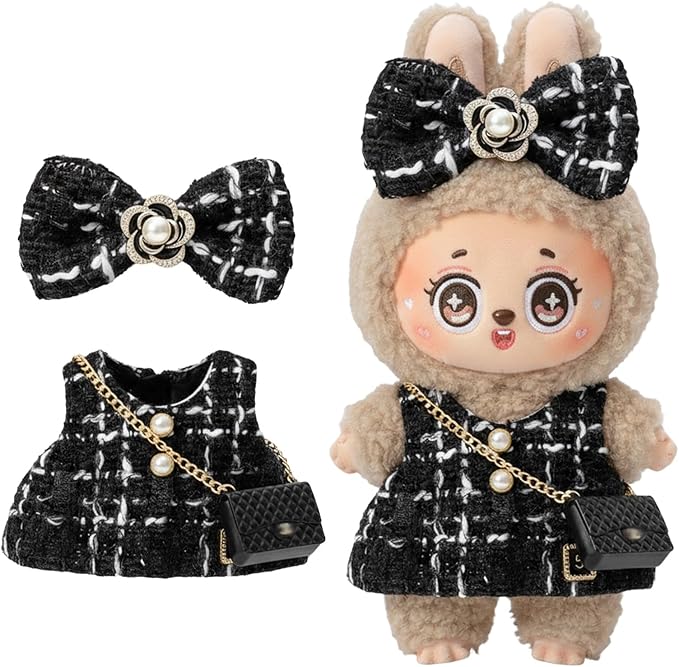 Doll Clothing Set (No Doll), Cute Bow, Crossbody Bag, Dress, Suitable for 15-17cm Dolls, Outfit Accessory Set for Unique Styling (Black-D)