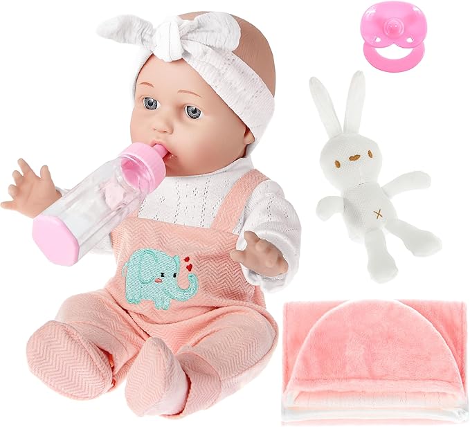 dollbie 12 inch Baby Doll - Adorable Doll and Accessories Including Romper, Sleeping Bag, Feeding Accessories, Rabbit Plush Toy