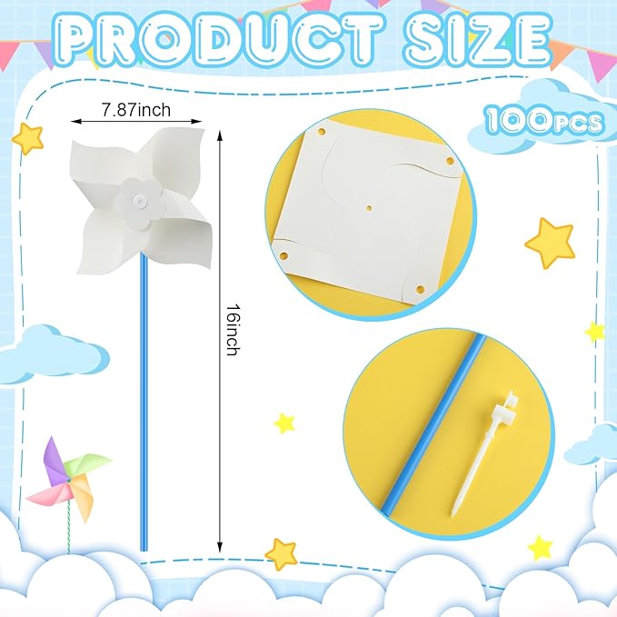Poen 48 Pcs DIY Pinwheels Paper Craft Bulk Color Your Own White Pinwheels Summer Activity Arts July 4 Patriotic Memorial Day Craft Blank Windmills Party Favor Supplies, 5 Inches