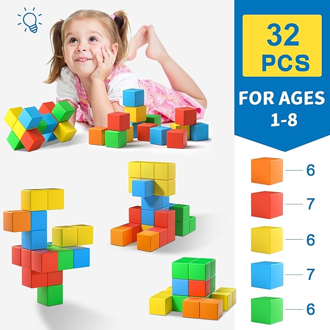 Magnetic Blocks,1.42 inch 32pcs Large Magnetic Building Block for Toddlers 3 4 5 6 7 8 Year Old Boys Girls Color Magnet Cubes Learning Toys for Kids 1-3 Sensory Toys Age 4-8 Christmas Birthday Gifts