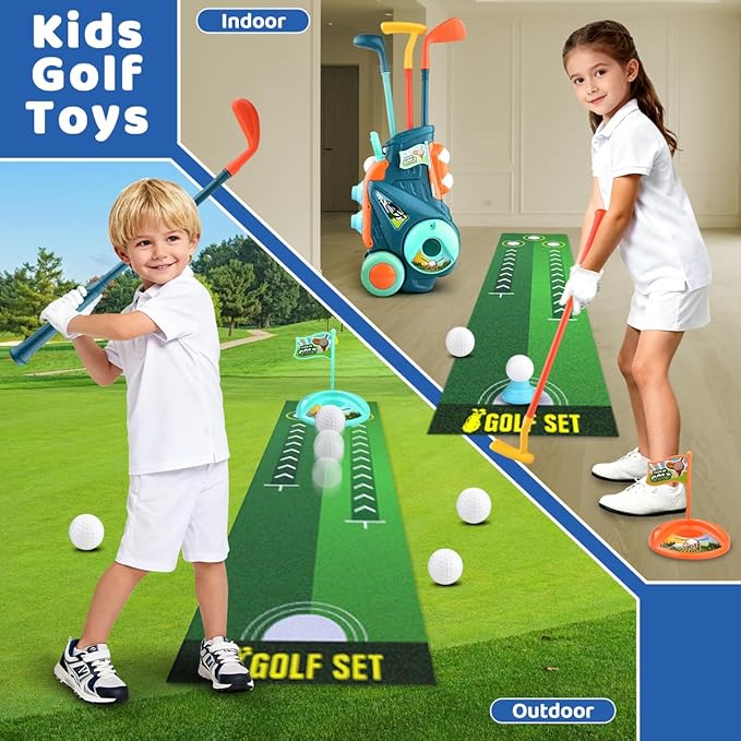 Toddler Golf Set with Putting Mat, Upgraded Kids Golf Cart with Shoulder Strap, Toddler Glove, Plastic Clubs, 10 Balls, Indoor Outdoor Sports Toys Birthday Gift for Boys Girls Aged 3 4 5+ Years Old