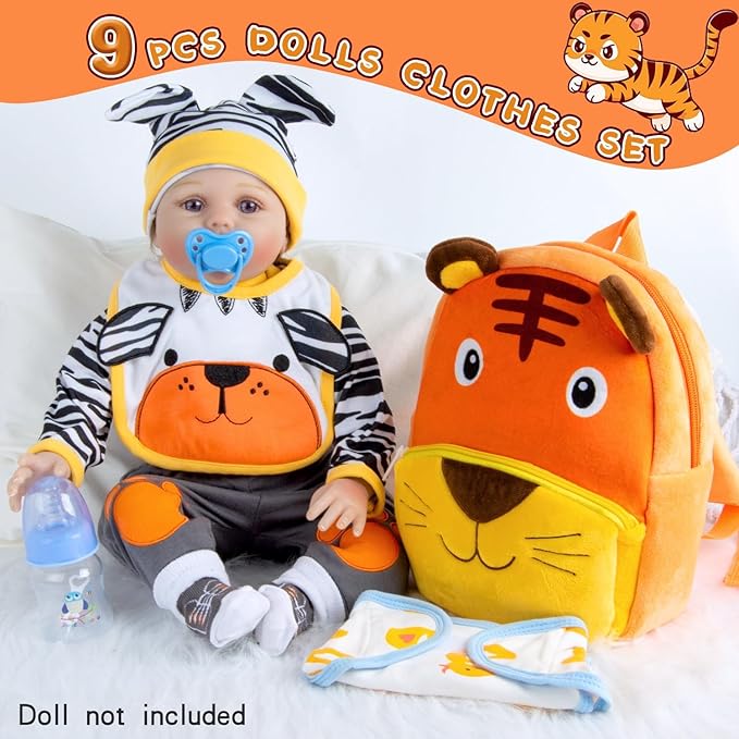 9 PCS Reborn Baby Doll Clothes Tiger Outfit Accessories for 20-22 Inch Reborn Dolls Newborn Baby Clothing Set with Backpack