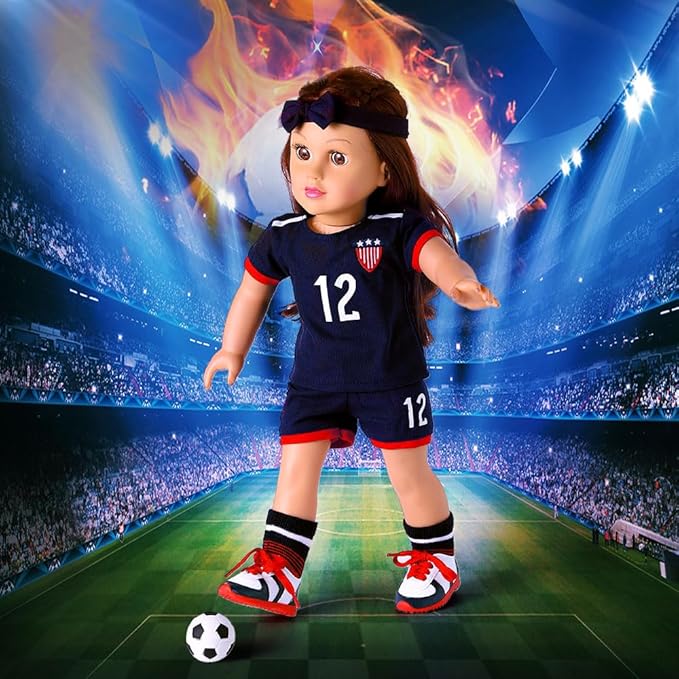 18-inch Girl Doll Clothes Accessories - Team USA 6 Piece Soccer Uniform Clothing Includes Headband,Shirt,Shorts, Socks,Shoes and Football Fits 18" Dolls