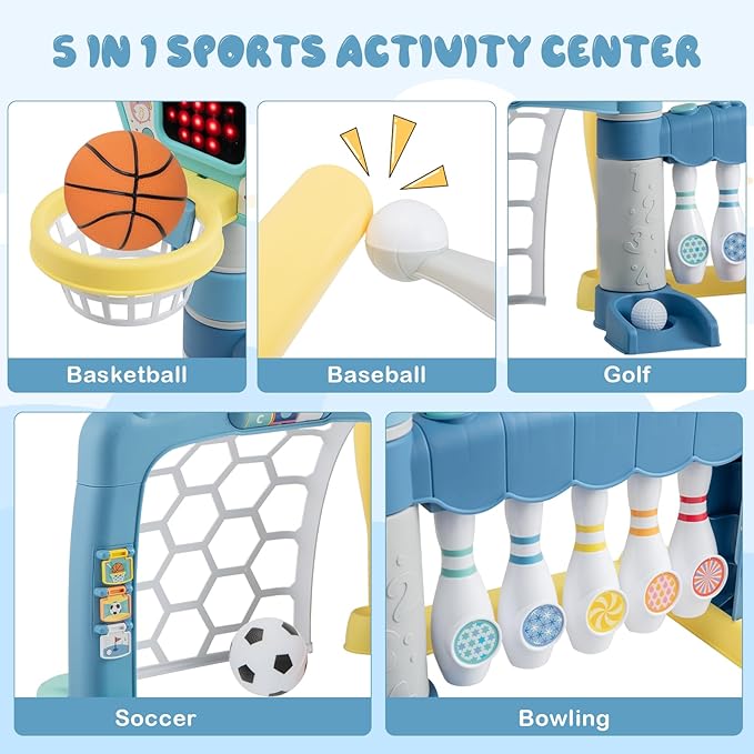 OLAKIDS Toddler Basketball Hoop, 5 in 1 Adjustable Baby Activity Sports Center with Soccer Bowling Baseball Golf Set, Indoor Outdoor Foldable Kids Play Toy with Lights Music for Boys Girls
