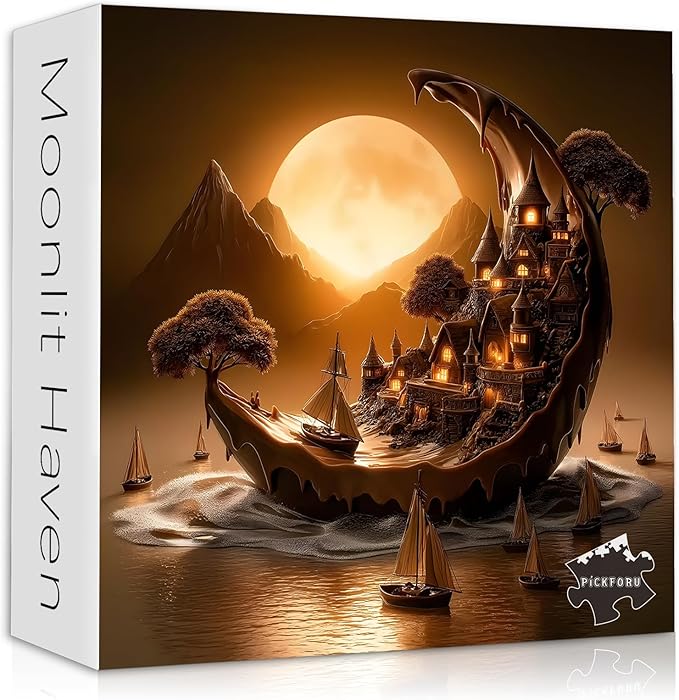 Fantasy Landscape Puzzle for Adults 1000 Pieces, PICKFORU Moonlit Haven Moon Village Puzzles，Nature Scenery with Boats Lanterns, Night Scene Jigsaw Puzzles Scenic