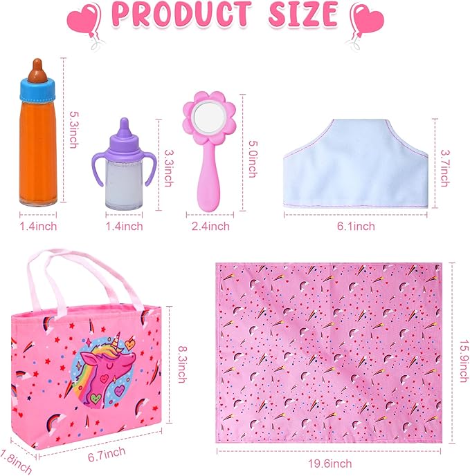 20 Pack Baby Doll Accessories, Baby Disappearing Doll Feeding and Caring Set with 2 Milk & Juice Bottles, 2 Toy Pacifier for Girls Toys Gift, Doll Clothes fit 18 Inch Doll