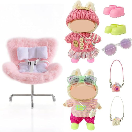 17cm Doll Car Seat and Clothes Set (No Dolls), Includes Doll Seat and 2-Pack Doll Clothes, Perfect for Play and Display, Doll Outfit Accessories for Collectors