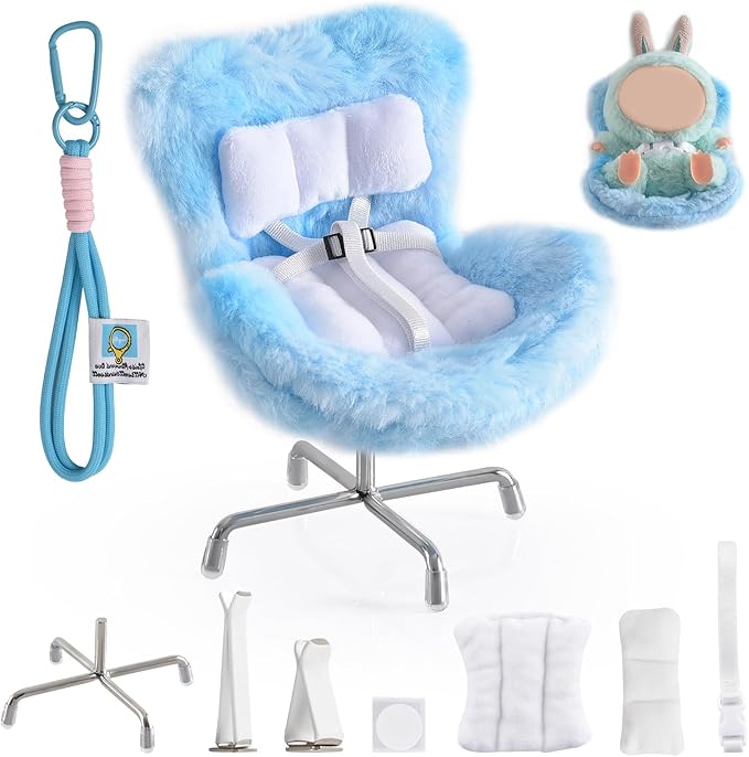 Doll Car Seat Compatible with Bubudoll, Small Seat for 10-17cm Blind Box Toys, Including Air Vent Clip, Desktop Stand, Adjustable Safety Strap, Airflow-Friendly Design, Ideal Car Decor Gifts(Blue)