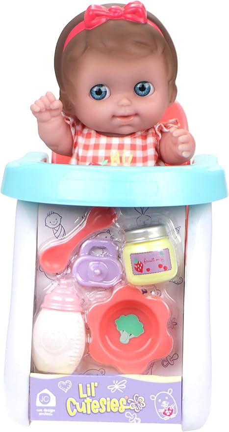 Lil Cutesies 9" All Vinyl Baby Doll Feeding Time Gift Set| Posable and Washable | Removable Outfit | High Chair and Feeding Accessories | JC Toys | Ages 2+