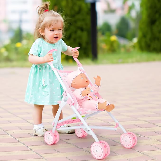 deAO Baby Doll Stroller Set with 13 inch Doll,Kids Play Stroller Toys,13" Baby Doll Set with Foldable Doll Stroller,18 PCS Baby Doll Accessories with 2 Sets Doll Clothes