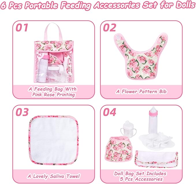 Rakki Dolli Feeding Set Nursery Bag Set for Dolls, Plate Together with Spoon, Fork, Milk Bottle, Juice Cup, Towel &Bib