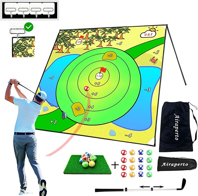 Battle Golf Indoor Chipping Game,57”x57” Portable Chipping Mat,Indoor Outdoor Sticky Golf for Adults and Junior Golfer Training Practise,Friends Family Yard Target Game