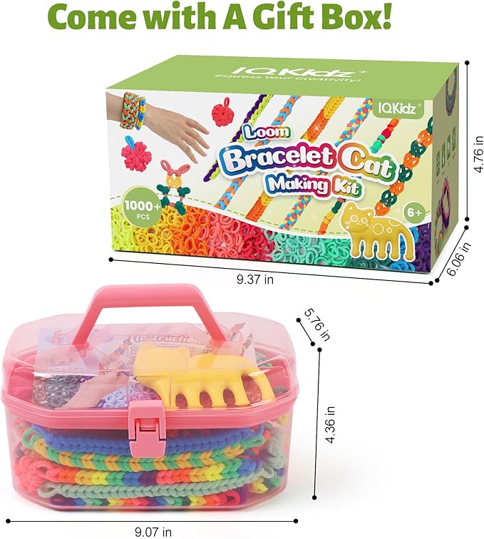 IQKidz Arts and Crafts for Kids Ages 6-8 8-12, Bracelets Making Loom Kit with 1000+ Loop Bands, DIY Hair Tie Bracelet Make Toy Set, Great Birthday Present for Girls 7 9 10 11 13 Year Old