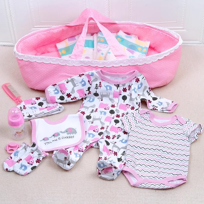 13PCS Reborn Baby Doll Clothes 17-22 Inch Pink Elephant Reborn Newborn Baby Doll Carrier Bassinet Accessories Girl Sets