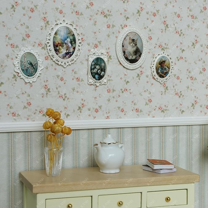 iLAND 1/12 Scale Accessories of Tiny Frames 7pcs with 14 Miniature Pictures Set for Dollhouse Miniatures Décor Also Elf Accessories Classic & Exquisite (White Tiny Frame Art)