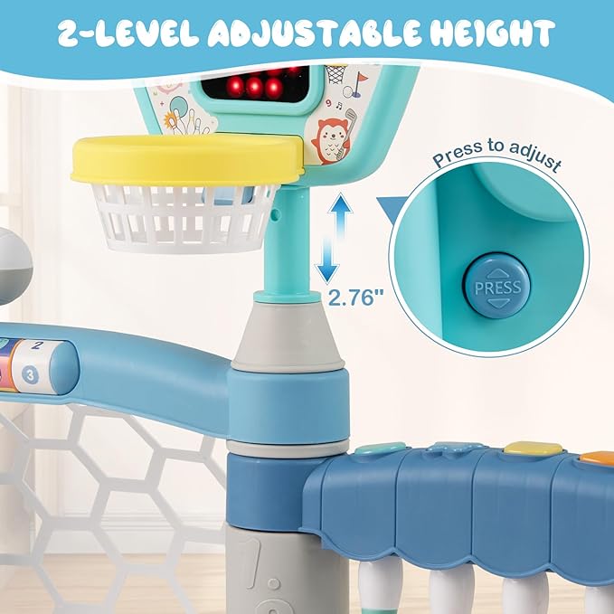 OLAKIDS Toddler Basketball Hoop, 5 in 1 Adjustable Baby Activity Sports Center with Soccer Bowling Baseball Golf Set, Indoor Outdoor Foldable Kids Play Toy with Lights Music for Boys Girls