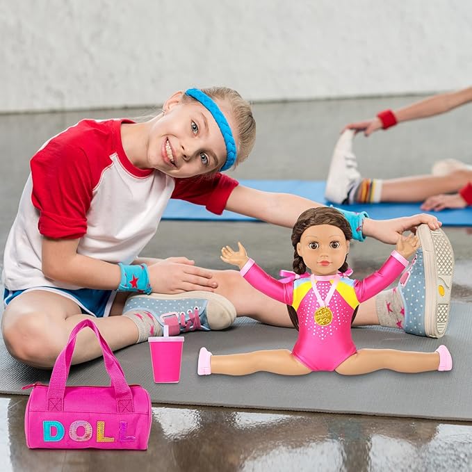 K.T. Fancy 18 Inch Doll Gymnastics Clothes Set - Pink Leotard, Shoes, Gym Bag, Olympic Medal, Water Bottle & Hair Accessories for Play （Doll Not Included）