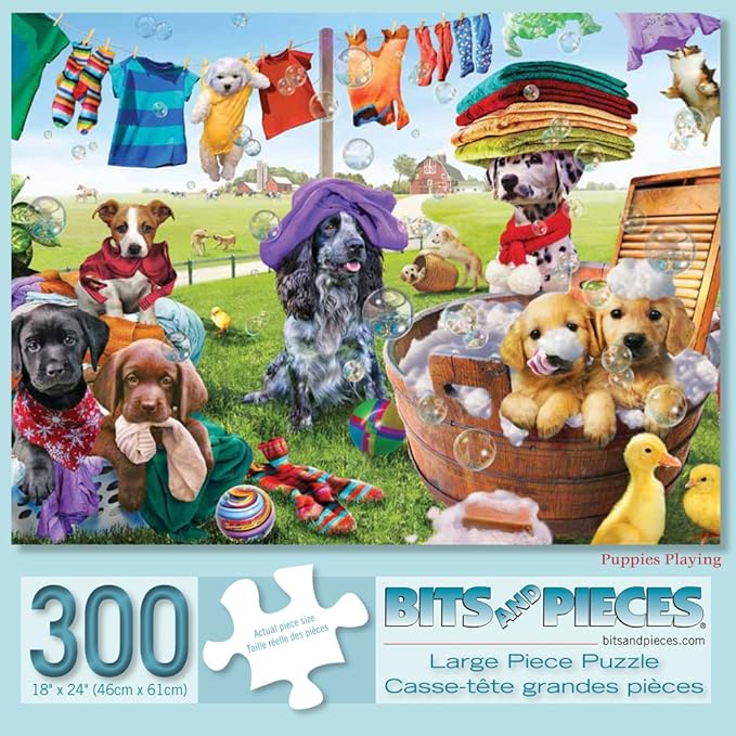Bits and Pieces – Large 300 Piece Jigsaw Puzzle for Adults – ‘Puppies Playing’ by Artist Adrian Chesterman, Completed Puzzle Size: 18" x 24"