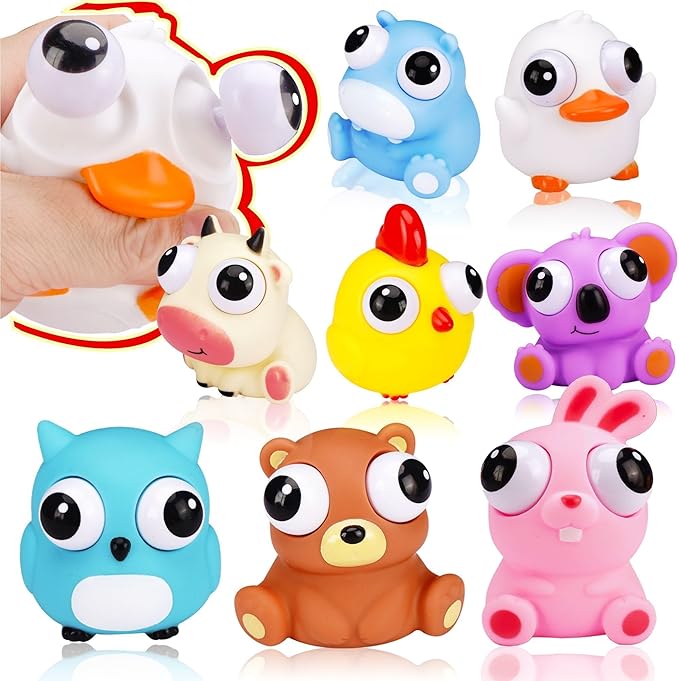 Animal Squeeze Toys with Pop Out Eyes Eye Popping Stress Relief Toy Balls Fun Fidget Gagdets for Kids Birthday Party Favors 8 Pack