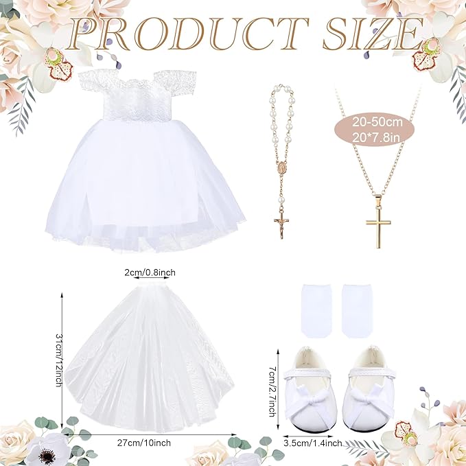 RoundFunny 7 Pcs 18 Inches American Doll Clothes Outfit First Communion Dress with Matching Headband Veil Bracelet Shoes Socks Necklaces Fit 18 Inches Dolls, Doll Not Included(Floral Headband)
