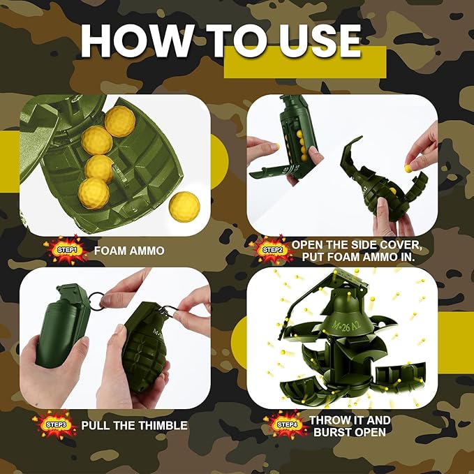 Sratte 6 Pcs Toy Hand Grenade for CS Battle Game, Fake Tactical CS-Grenade Toys with 60 Foam Ammo Fun Impact Pull Ring Grenade for 14+ and Adult Outdoor Sports(6,Green)