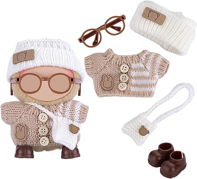 Ezcora Knitting Outfit Set for 17cm Dolls, 4 Cozy Sweaters with Hats, Shoes, Glasses Bags, 6.7-Inch Doll Accessories, Gift Idea, (No Dolls)
