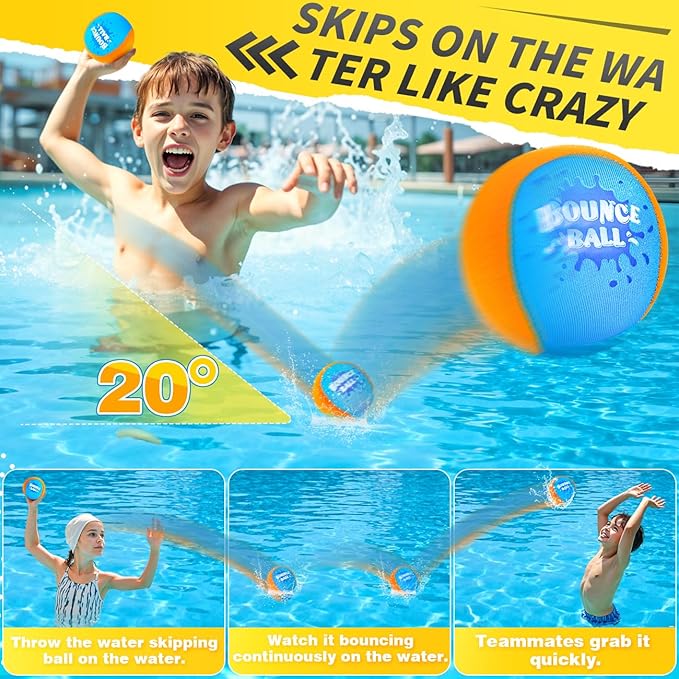 Bambilo Water Skipping Ball | 2-Pack Bounce Balls | Water Bouncing Beach Balls & Grip Ball | Pool Toys for Kids Age 5-8-12 | Great Summer Water Toy for Beach Swimming Pool River Lake