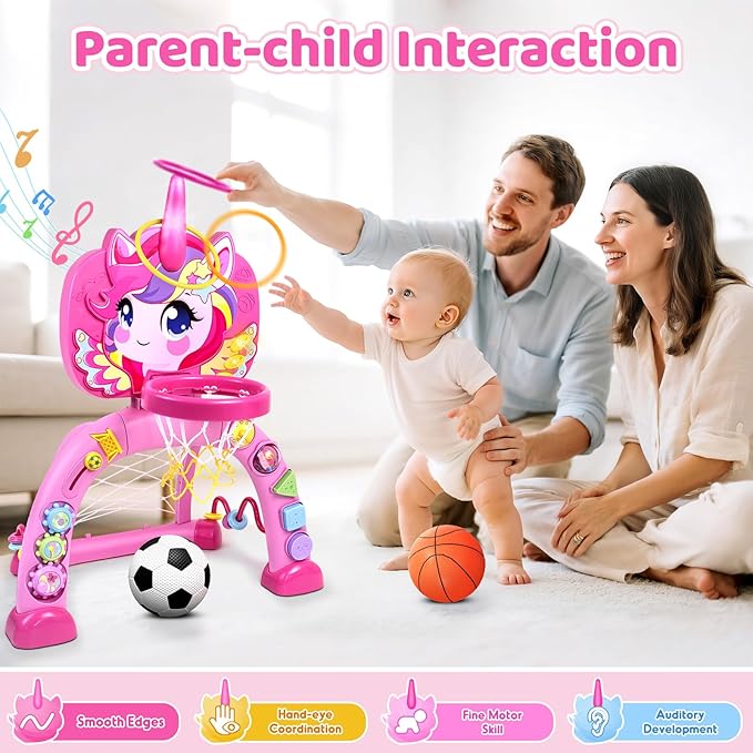 Marstone Toys for 1 Year Old Girl Gifts: Toddler Basketball Hoop and Soccer Goal with Sound and Music, Educational Sport Toys for Kids 1-3, 1st First 12-18 Month Birthday Present