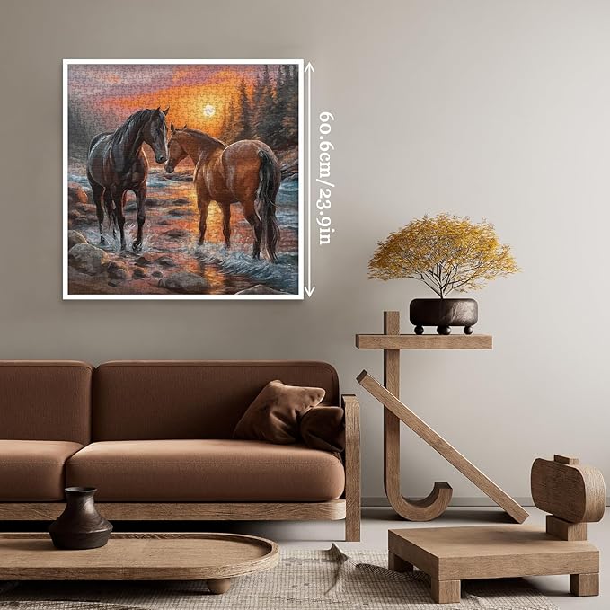 Art Sunset Horse Puzzles for Adults 1000 Pieces, Aesthetic Colorful Animal Landscape Jigsaw Puzzles, Hard Challenging Forest River Mustang Painting Puzzle