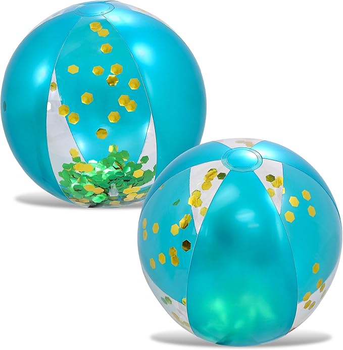 POZA Inflatable Beach Balls - Elegant Glitter Confetti Premium Floaters, Heavy Duty Vinyl Floatation Pool Toys for Pool Beach Party, UV Resistant Pool Décor