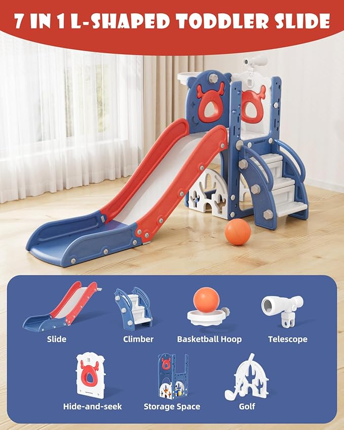 XJD 7 in 1 Toddler Slide, Kids Indoor Slide for Toddlers 12-36 Months, New Upgrade with Golf, Basketball Hoop for Indoor Outdoor Playset,Birthday Gifts for Toddler (Blue Red)