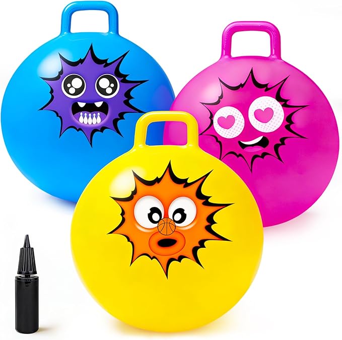 Hymaz Hopper Ball for Kids 3-6, 3 Pack Bouncy Balls with Handle, Inflatable Sit On Jumping Bouncing Hoppity Hop Ball, Garden Hopping Toys for Boys Girls Indoor Outdoor Active Play Gifts, 15 Inch