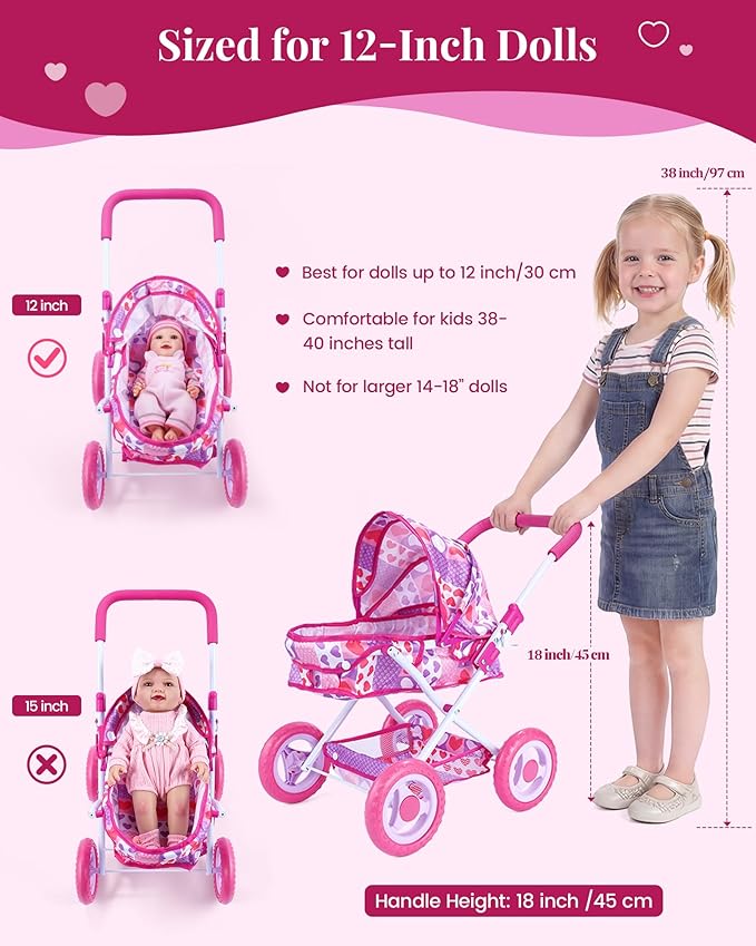 BABESIDE Baby Doll Stroller Set, 10-Piece Portable Doll Stroller with Baby Doll Accessories for Pretend Play, Feeding & Care Playset for Girls 3+, Fits 12-Inch Dolls (Doll Not Included)
