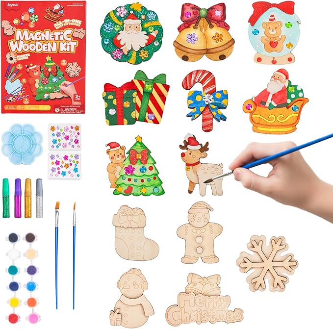 JoyCat DIY Wooden Magnets Kit, 13 Pcs Christmas Art Supplies, Painting Kit, Arts and Crafts for Kids Ages 4-8 8-12, Party Favors, Christmas Crafts, Birthday Gifts, Toys for Boys Girls
