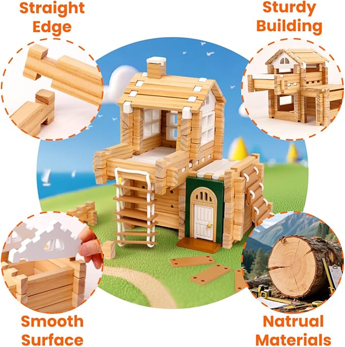 Jovi-mindly＆Notchies Building Blocks Set Wooden Blocks Toys (107 pcs) with Storage Bag, Educational Classic Wooden Blocks for Toddlers Ages 3+ Boys and Girls Aged Easter Gift (with Printed Manual)