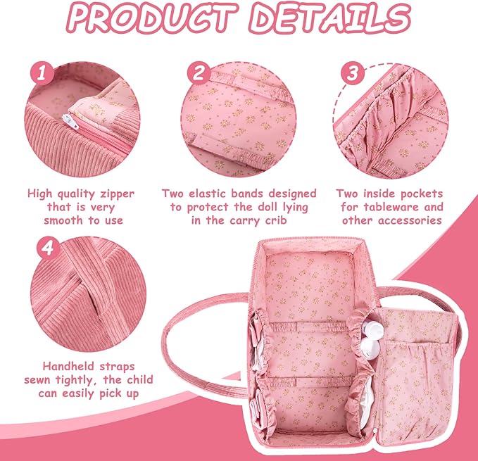 Rakki Dolli Doll Carrier Doll Carry Cot Doll Carry Crib Set with Feeding Utensils Feeding & Changing Accessaries 7 Pieces Set, Fits for 16-18 Inch American Girl Dolls