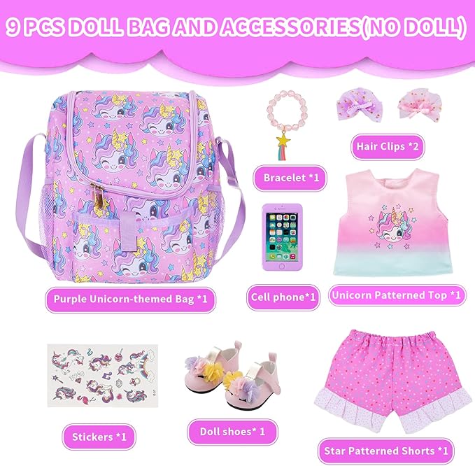 UNICORN ELEMENT 18 Inch American Doll Unicorn Seated Backpack Set and Accessories Include Clothes,Carrier,Shoes,Cell Phone,Stickers Totol 9 pcs(Doll Not Included)
