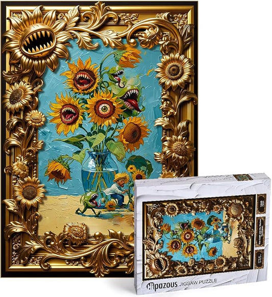 Van Gogh Mutant Sunflowers Jigsaw Puzzle 1000 Pieces for Adults, Funny Horror Art Puzzle for Family Night, Thoughtful Gift &Home Decor with Unique Golden Border Design, 27.6 x 19.7 in Hipazous