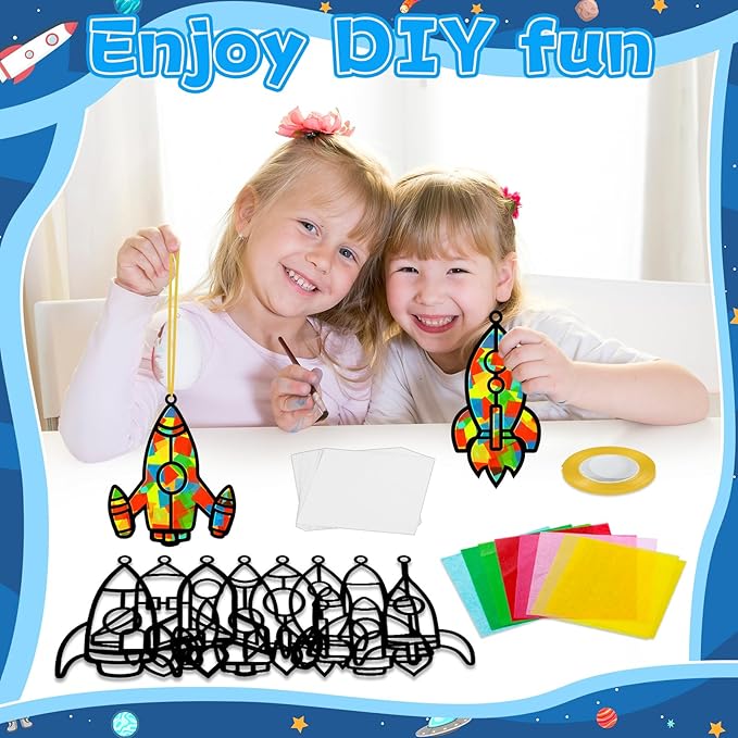 32 Sets Outer Space Rocket Suncatchers Craft Kit DIY Window Stained Glass Effect Space Theme Paper Crafts for Home School Classroom Decoration Kid Birthday Gifts Creative Art Projects Activity Game