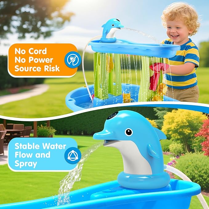 Water Table Pump for Kids & Toddlers, Dolphin Rechargeable Continuous Flow, IPX7 Waterproof, Strong Adhesive Base, No Tools Setup, Water Table Accessories