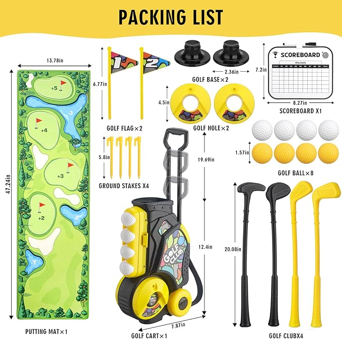 Toddler Golf Set with Wheeled Cart, Kids Golf Clubs Toy with 47.2" Putting Mat, Upgraded Handles, 8 Balls & Training Accessories, Indoor Outdoor Golf Toys for Boys Girls Ages 3-8