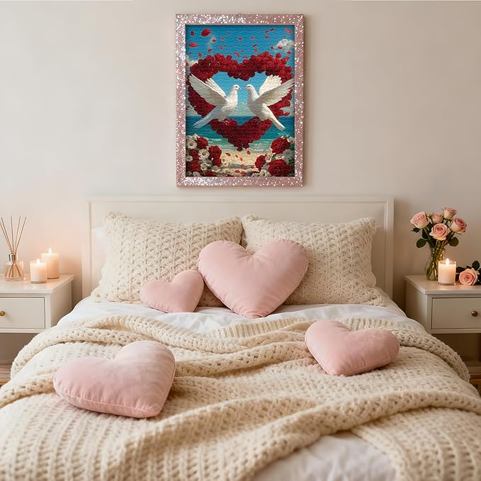 PICKFORU Flower Puzzles for Adults 1000 Piece, Heart Puzzles Beach Bird Dove Love, Rose Ocean Romantic Valentine's Day Jigsaw Puzzle