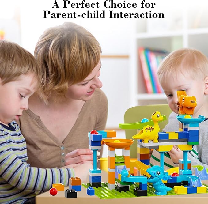 Marble Run Building Blocks, Dinosaurs Marble Track Toy Classic Large Bricks for 3 4 5 6 7 + Year Old Boys Girls Kids, Bricks Compatible with All Major Brands