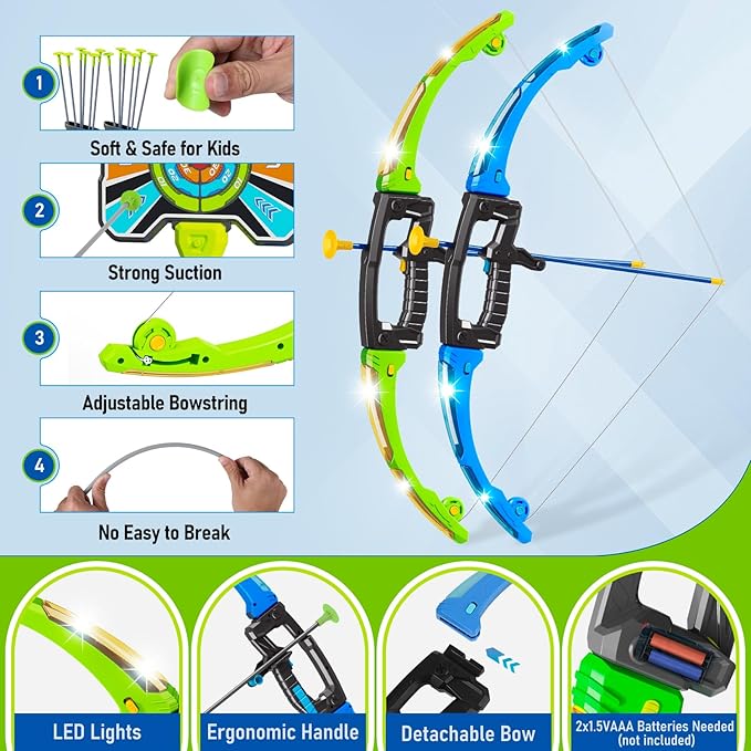 OCHIDO 2 Pack Bow and Arrow for Kids, 3in1 LED Light Up Archery Set with 4 Target, 12 Suction Cup Arrows, Quivers and Storage Box, Indoor Outdoor Sport Games Gifts for Boys 5 6 7 8 9 10 11 12 Year Old