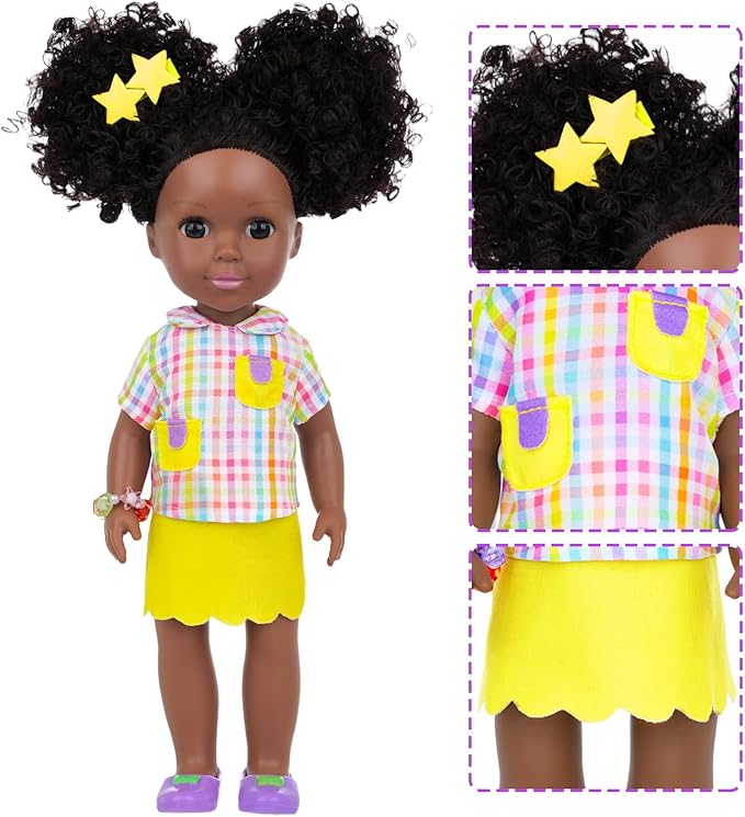 Ecore Fun 14.5 Inch Black Baby Doll, 12 Pcs Black Doll Clothes and Accessories, African Washable Realistic Silicone Girl Dolls Include Doll Clothes Shoes Phone Glasses Camera Hairpin Bracelet Stickers