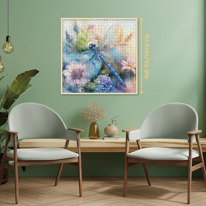 Beautiful Dragonfly Flower Puzzles for Adults 1000 Pieces, Fantasy Wildflower Art Jigsaw Puzzles, Aesthetic Watercolor Painting Puzzle