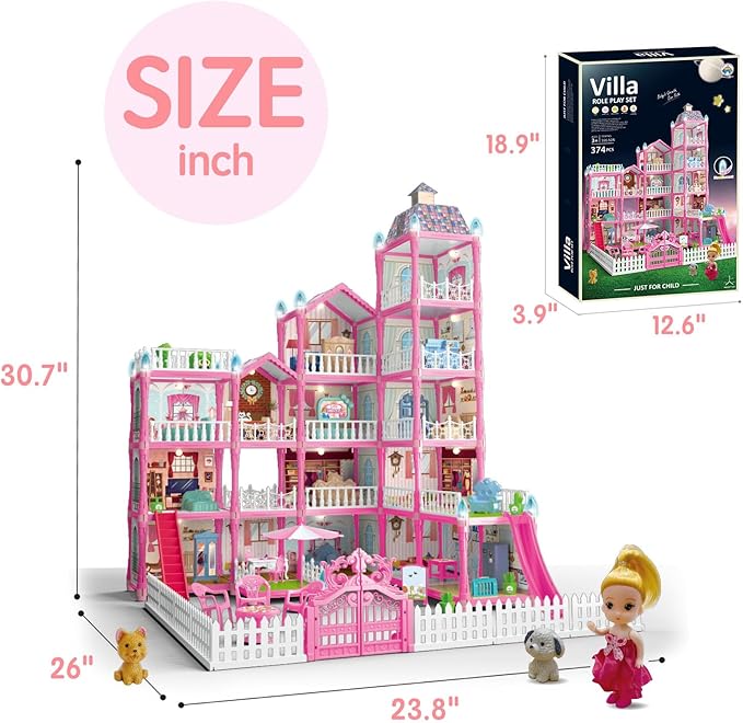 Villa Toys for Girls, 5 Stories 16 Rooms Villa Playset with Dolls, Lights, Furniture, Slide Accessories, DIY Pretend Toddlers House kit for 3 4 5 6 7 8 9 10 Year Old Kids (Pink)