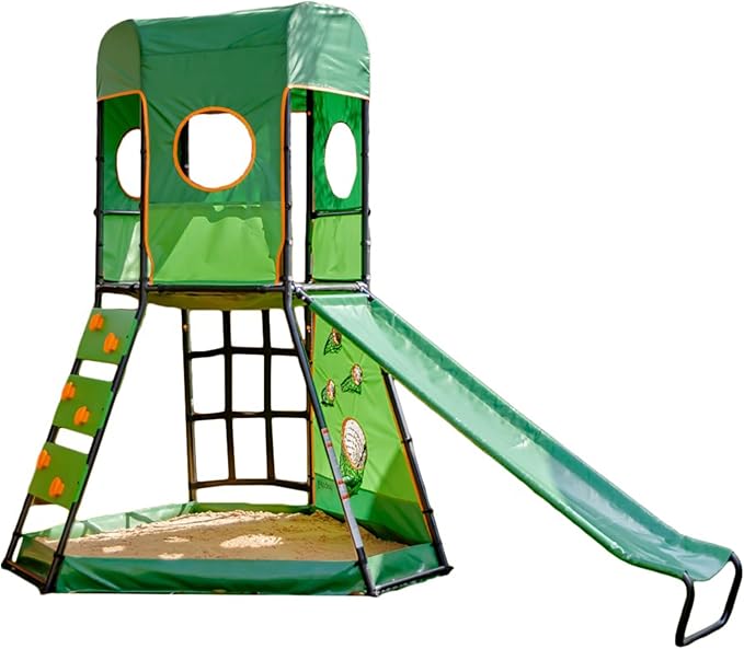 gobaplay SummitPro Climbing Tower with Slide, 600 lb Capacity, Green - Outdoor Backyard Playset with Climbing Walls and Sandbox for Kids 6+