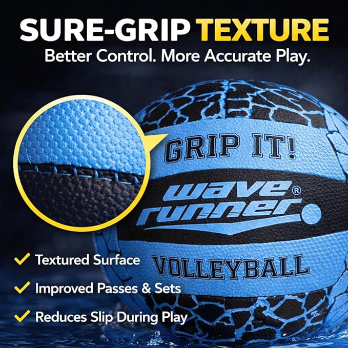 Wave Runner Waterproof Volleyball with Sure-Grip Technology - Beach & Pool Volley Ball for Kids, Teens, Adults | Outdoor Sports Gear for Day & Night Play