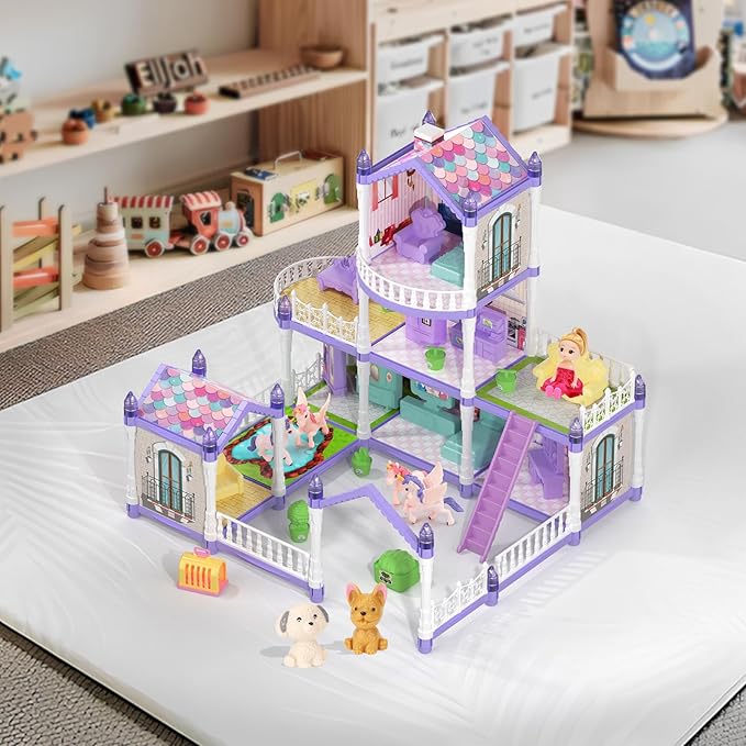 Lilac Purple Doll House for Girls, Dream Dollhouse 9 Rooms with 2 Dolls, 4 Unicons,Lights, Furniture and Accessories, Pretend-Play Toddler Playhouse Gift 3+ Year Old Girls Toys